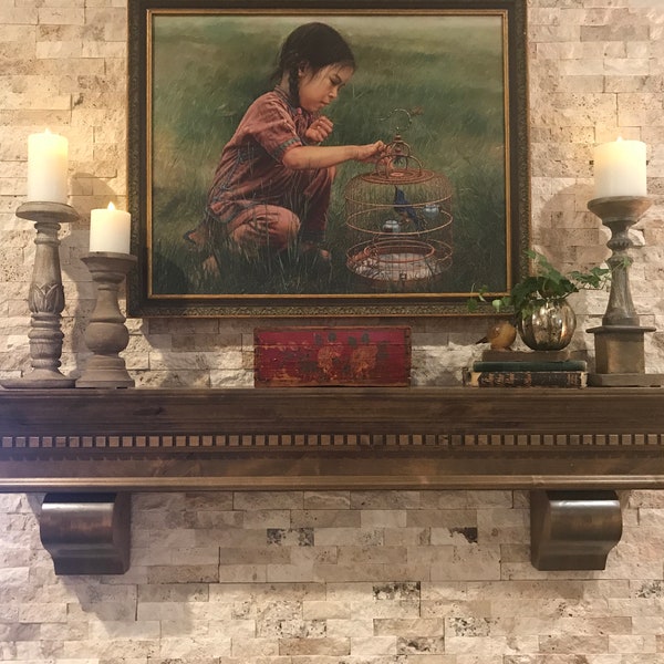 Handmade Knotty Alder Fireplace Mantel, Dark Walnut Stain, Crown Dental Molding