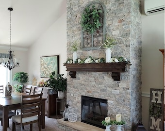Knotty Alder Floating Mantel with Corbels, Dark Walnut Finish