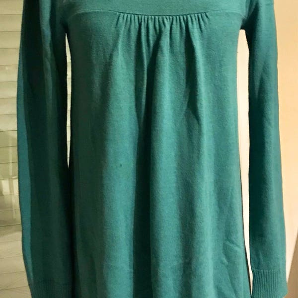 IKKS, pull tunique, manches longues, fines mailles, coton, laine angora de couleur verte, taille L