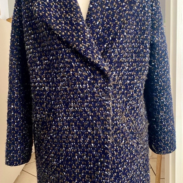 I Code, Caban, manteau court, tissu tweed laine vierge et acrylique, col châle, fabriqué en France, vintage 90, taille 40, L