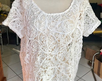 Tunique, top, blouse femme, manches courtes, dentelle 100% polyester blanc, taille L,