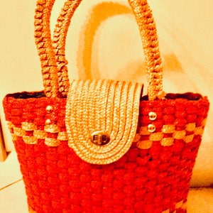 Summer bag, red and yellow braided straw, vintage beach basket, shoulder bag, lined interior, double rigid handles, 60s