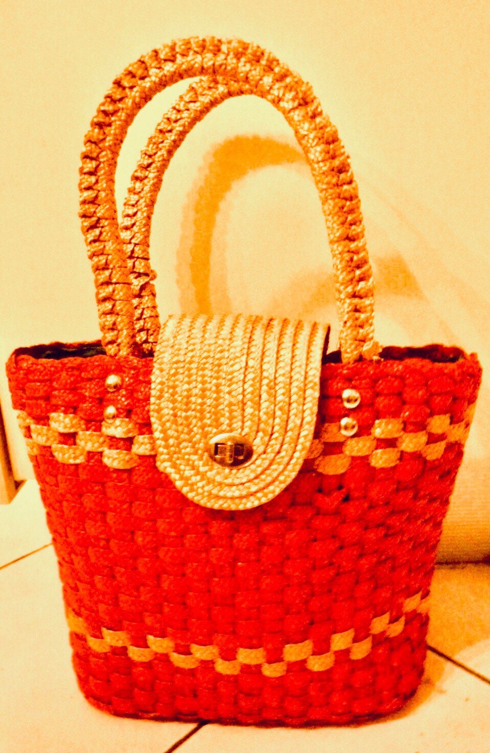Large Square Wooden Handles Macramé Boho Braided Bag All Braided Coral Pink