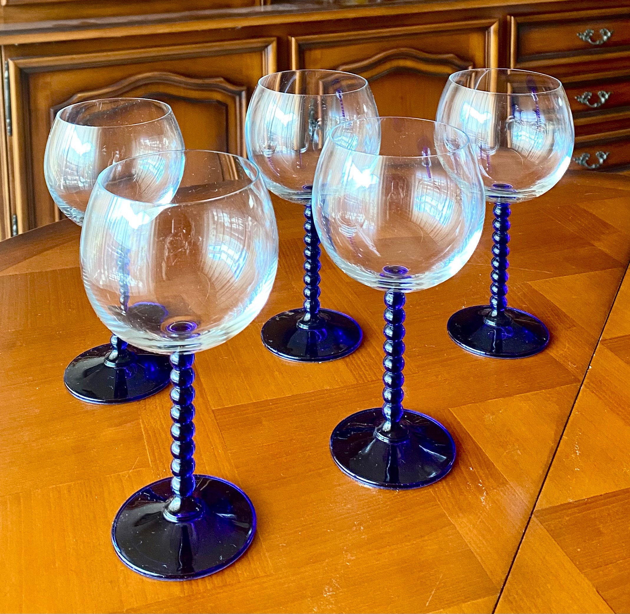 Verres à Vin Blanc sur Pied, Vins d'alsace, en Verre Bleu, Verres Ballon, Ensemble de 5.