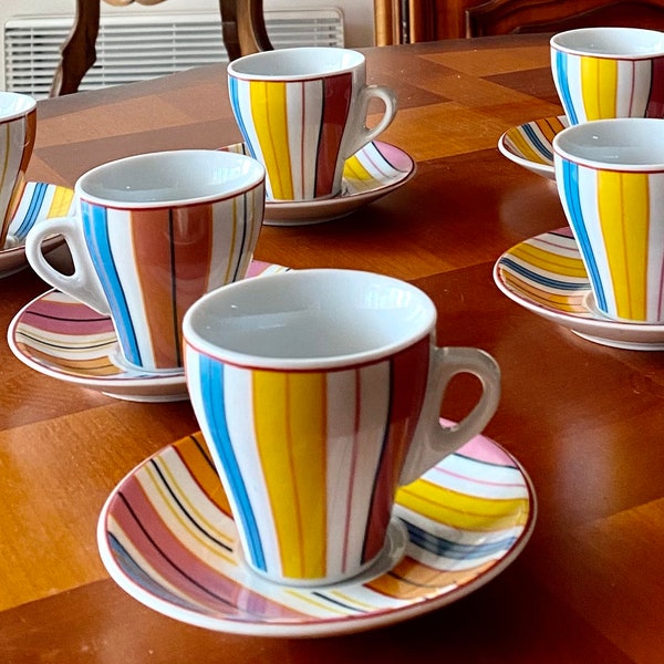 Service à café, 6 tasses, 6 soucoupes, en céramique, décor géométrique, multicolore, Neuf