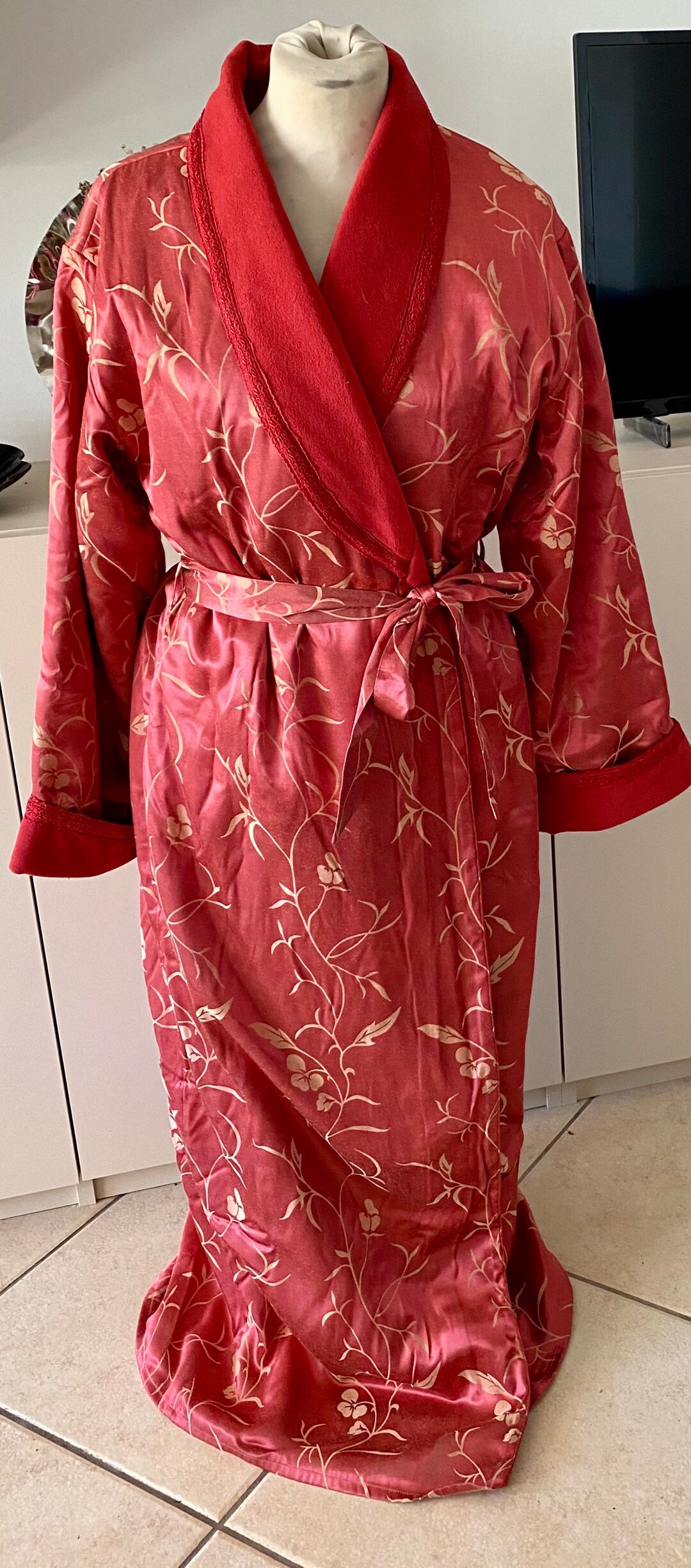 Dressing Gown in Dark Pink Satin Cotton Floral Décor Etsy