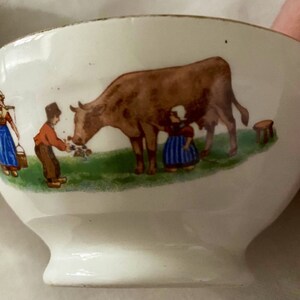 2 small round bowls, faceted, ceramic, countryside, farmer, cow, country décor