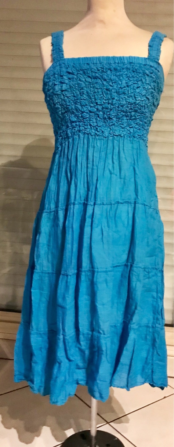 Strapless dress, sunbathing, turquoise blue cotton