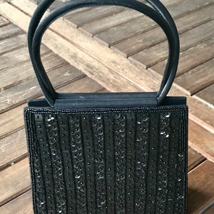 Evening bag, ceremony, iridescent fabric, sequins and black beads, removable shoulder strap, &quot;Cosmopolis&quot;, made in France,