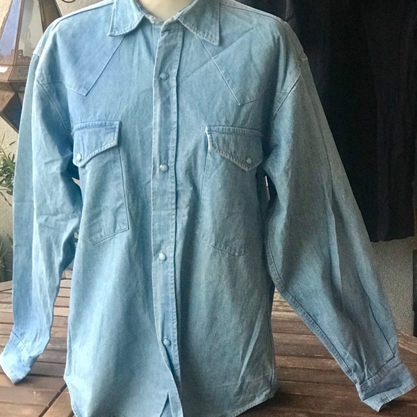 Chemise jeans bleue, à franges, vintage, années 80, taille 2, M, 40