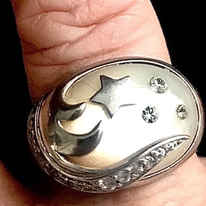 Silver ring, star, vintage French, sterling, 925 hallmark, mother-of-pearl and zircon, Mother&#39;s Day