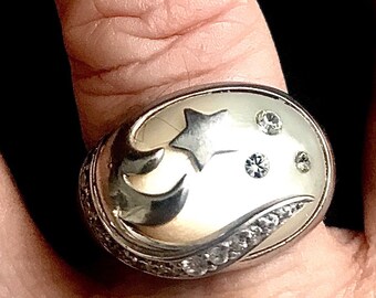 Zilveren ring, ster, vintage Franse, sterling, keurmerk 925, parelmoer en zirkoon, Moederdag