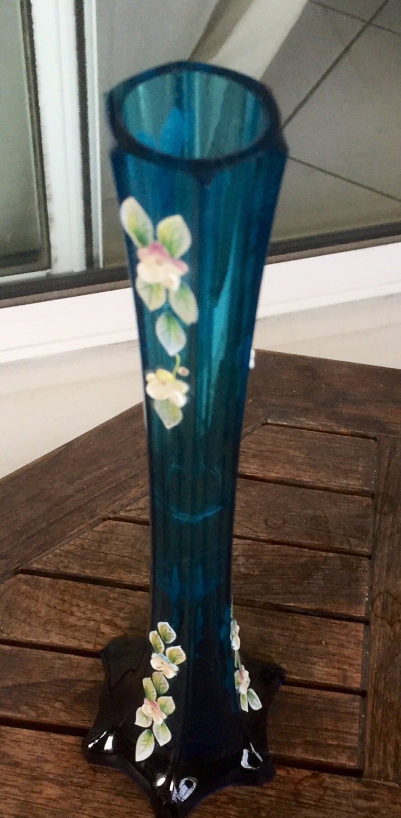 decoration of flowers and leaves in relief height 30 cm enamelled blue moulded glass Ancient soliflore vase pink and green color