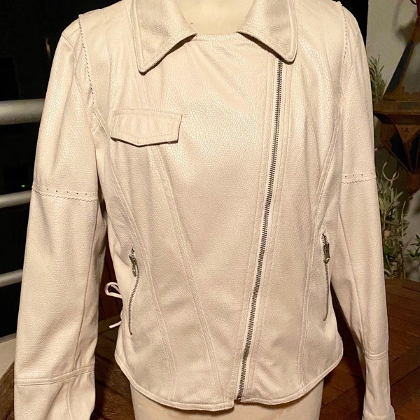 Perfecto, blouson femme, spencer, veste courte, cuir  synthétique, blanc, aspect écailles, vintage, fabriqué en France, taille 4, (42), L