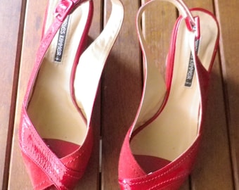 Wedge pumps, heels, platform shoes, Charles Kammer Paris, patent leather and red suede, size 40 or US 8, UK 6.5