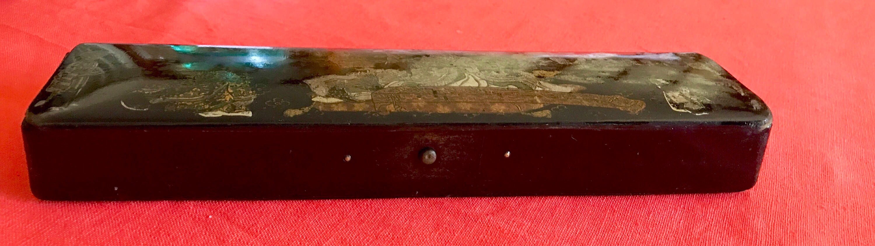 Ancien Français, Plumier Napoléon Iii, Carton Bouilli, Décor Japonisant, Fond Noir, Personnages Remp