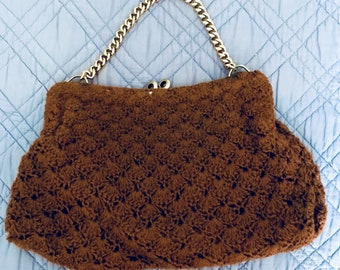 Vintage bag, crochet, brown wool, handbag, clutch, vintage, 60s, handmade, synthetic wool, gold metal chain
