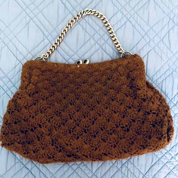 Sac vintage, au crochet, laine marron, sac à main, pochette, vintage, années 60, fait main,  en laine synthétique, chainette métal doré