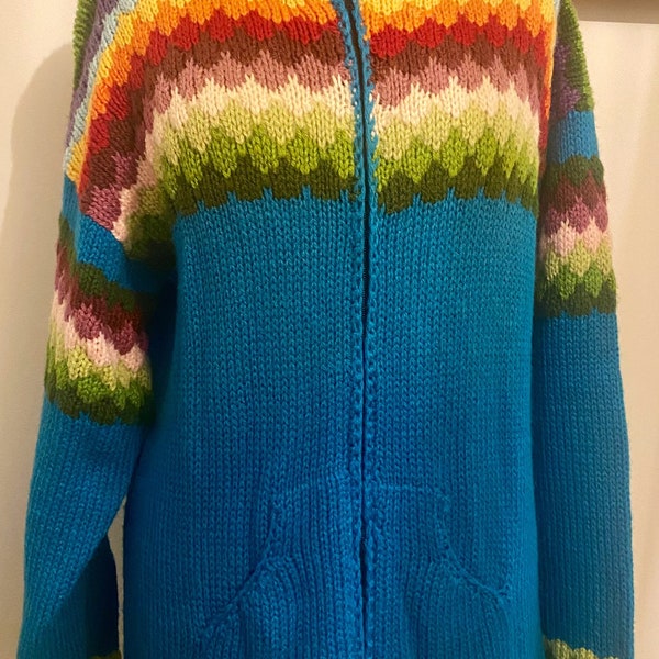 Cardigan à capuche, péruvien, poches plaquées, tricoté en laine multicolore et bleu turquoise, L, 42