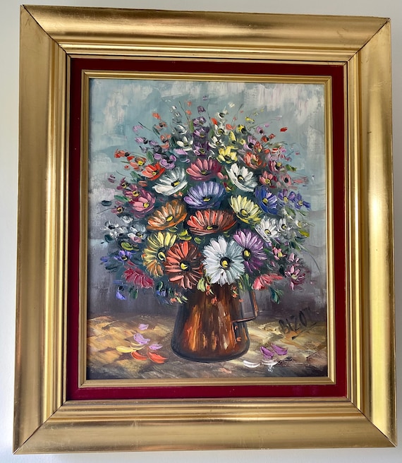 キャンバスに描かれた油絵、ビゾのサイン、額入りの静物画、花束 キャンバスに描かれた油絵、ビゾのサイン、額入りの静物画、花束