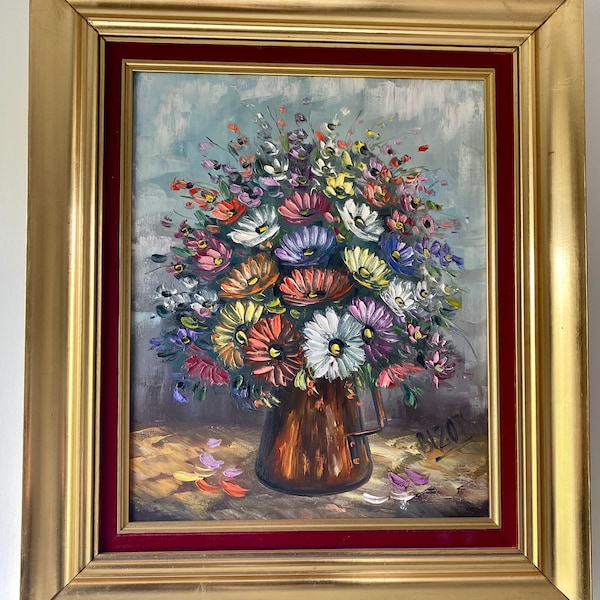 Tableau huile sur toile, signée Bizot, nature morte encadrée, bouquet de fleurs.