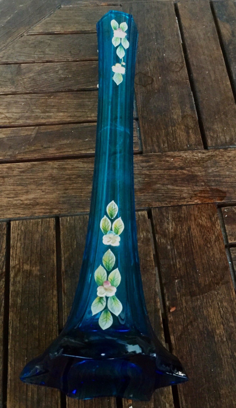 decoration of flowers and leaves in relief height 30 cm enamelled blue moulded glass Ancient soliflore vase pink and green color