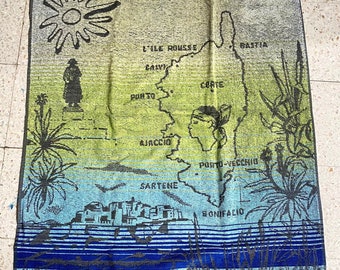 cotton terry beach towel, vintage 80, Corsica, black tones. blue and green.