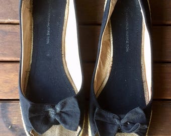 Ballerinas, women's shoes, black canvas and rope, leather interior, open tip, knot on top, shoe size 40, US 8, UK 6.5