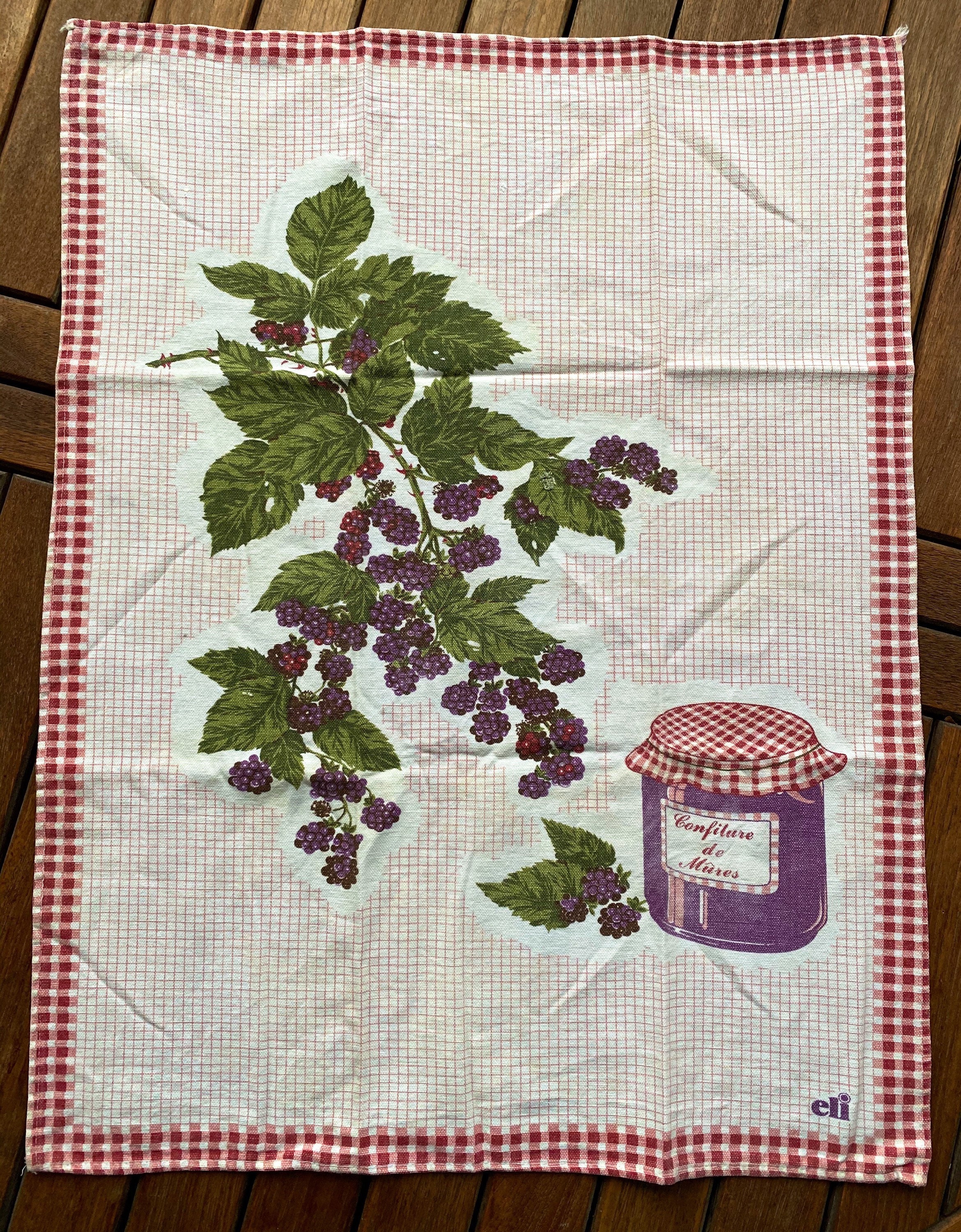 Torchon de Cuisine, 100% Coton, Imprimé Confiture Française. Mûres