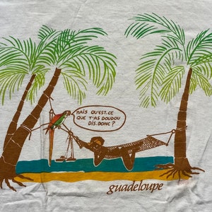 Guadeloupe, oversized t-shirt, humorist, white cotton, short sleeves, screen printing, travel souvenir, size M