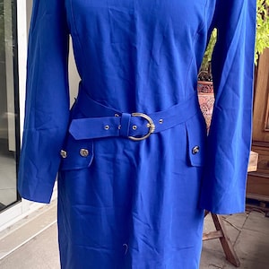 Gerard Pasquier, blue dress, Mao collar, long sleeves, straight shape, with belt, French vintage, size 42