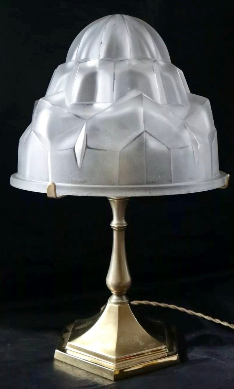 Degue Table Lamp Art Deco Ss Molded Glass Signed Old French Height 40 Cm 16