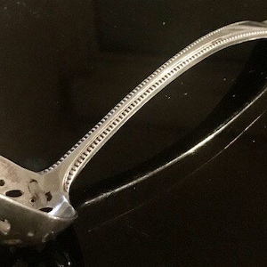 Antique french spoon Strawberry saupoudreuse 19th, very thick, Sterling Silver Monogram EST, topped with a Crown count