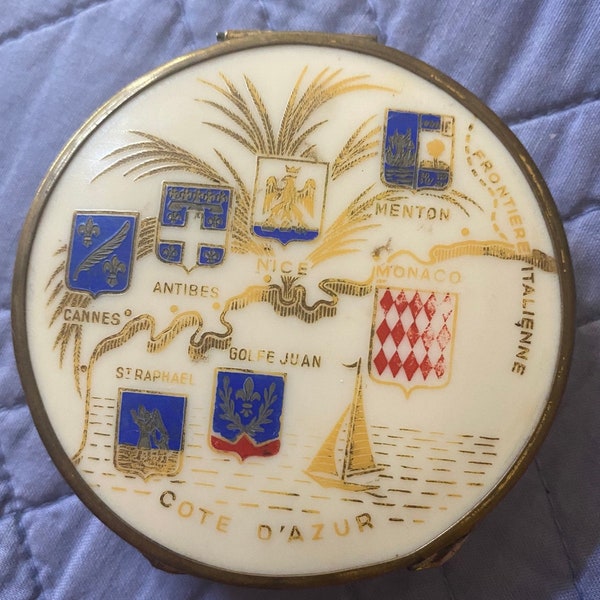 Miroir de sac, laiton et Bakélite, Côte d’Azur, vintage français, anneaux 50