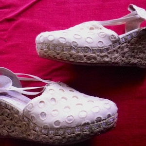 Women's rope wedge shoes, sneakers, white satin covered with embroidered cotton, wedding, size 40, US 8, UK 6.5 image 1