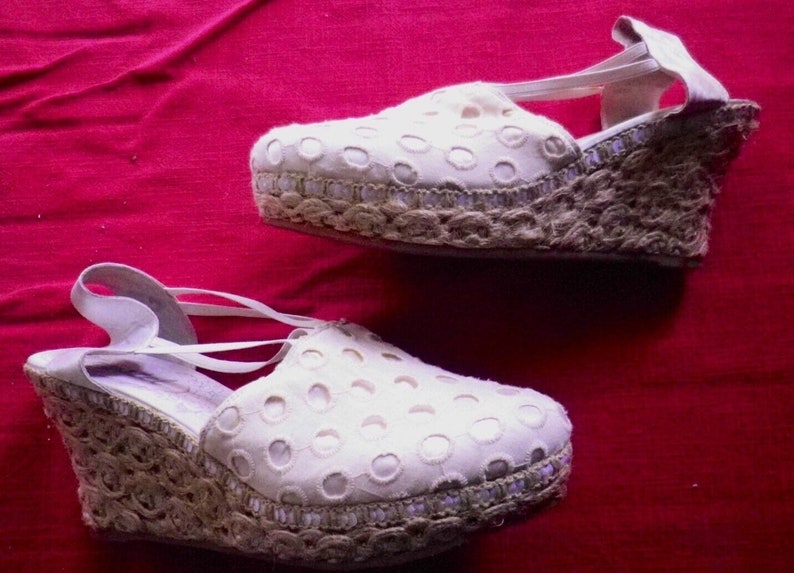 Women's rope wedge shoes, sneakers, white satin covered with embroidered cotton, wedding, size 40, US 8, UK 6.5 image 1