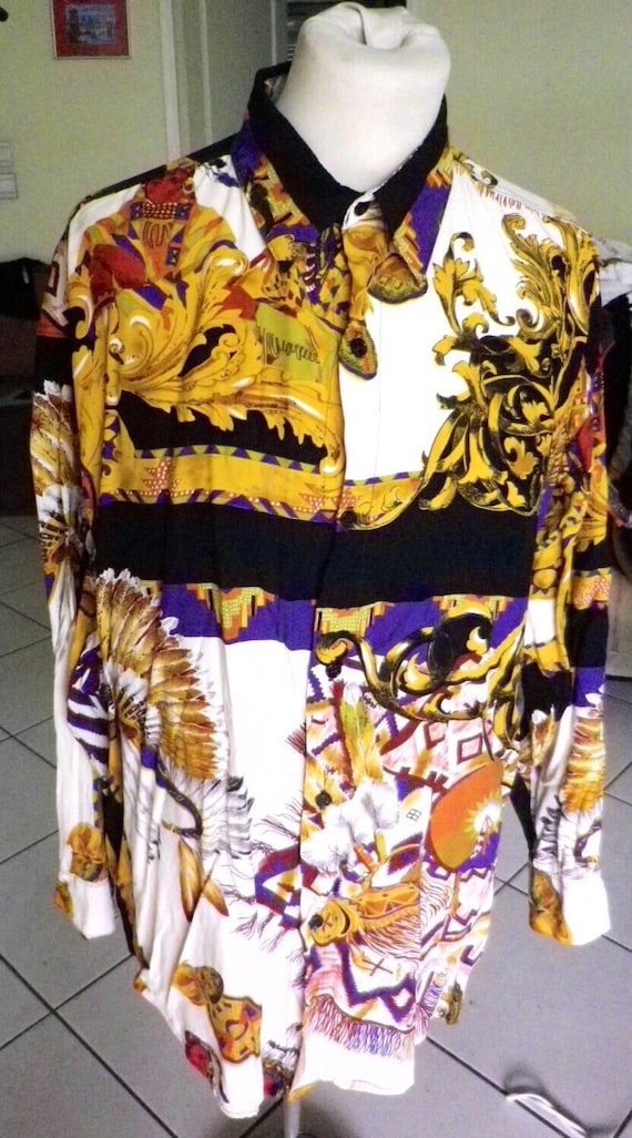 Chemise femme chemisier blouse vintage 80 tissu foulard motifs plumes et indiens taille 42 L Etsy France