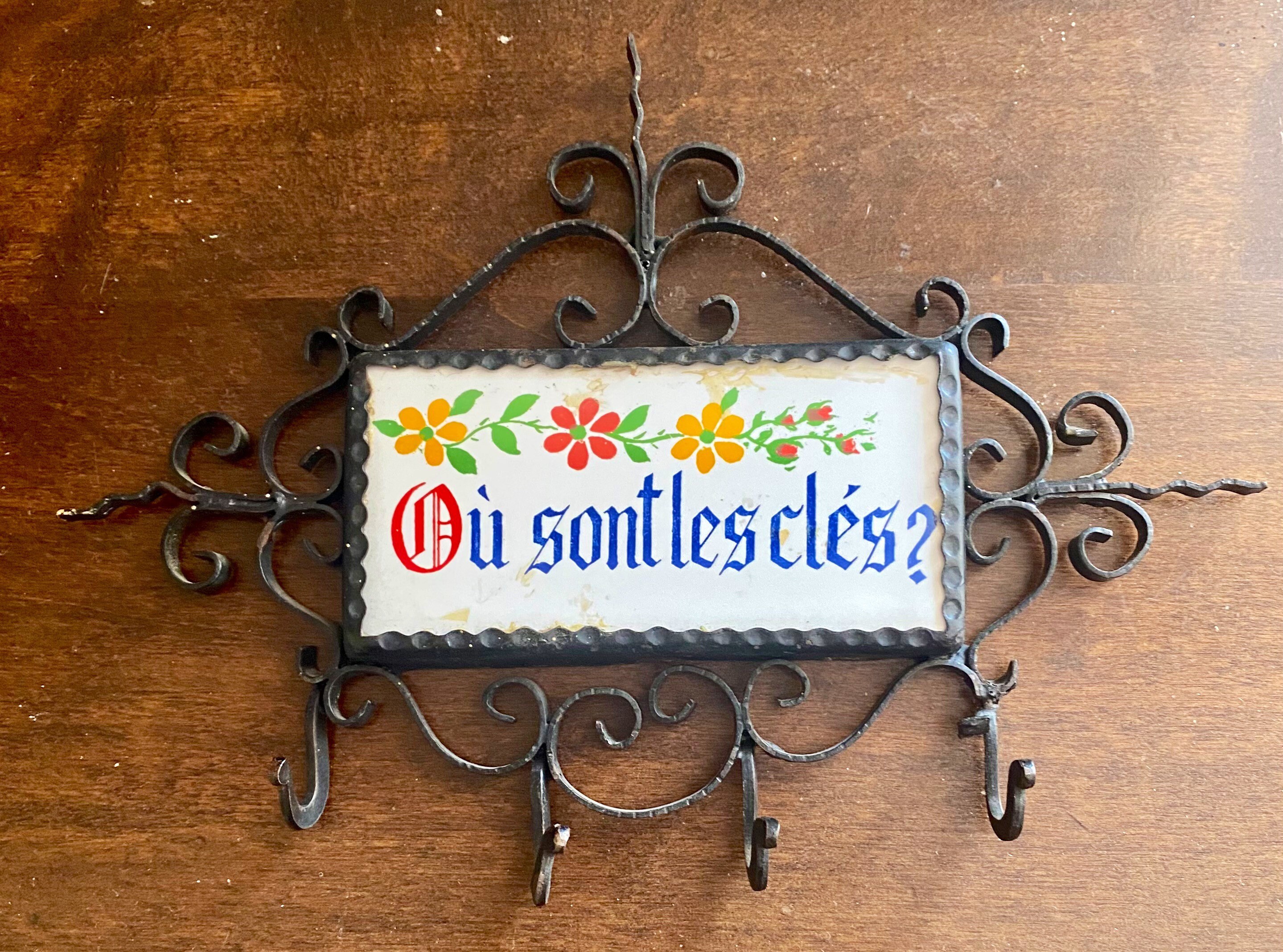 Porte Clés Mural, 4Crochets, Céramique et Métal Noir, Décoré d'une Phrase Où Sont Les Clés