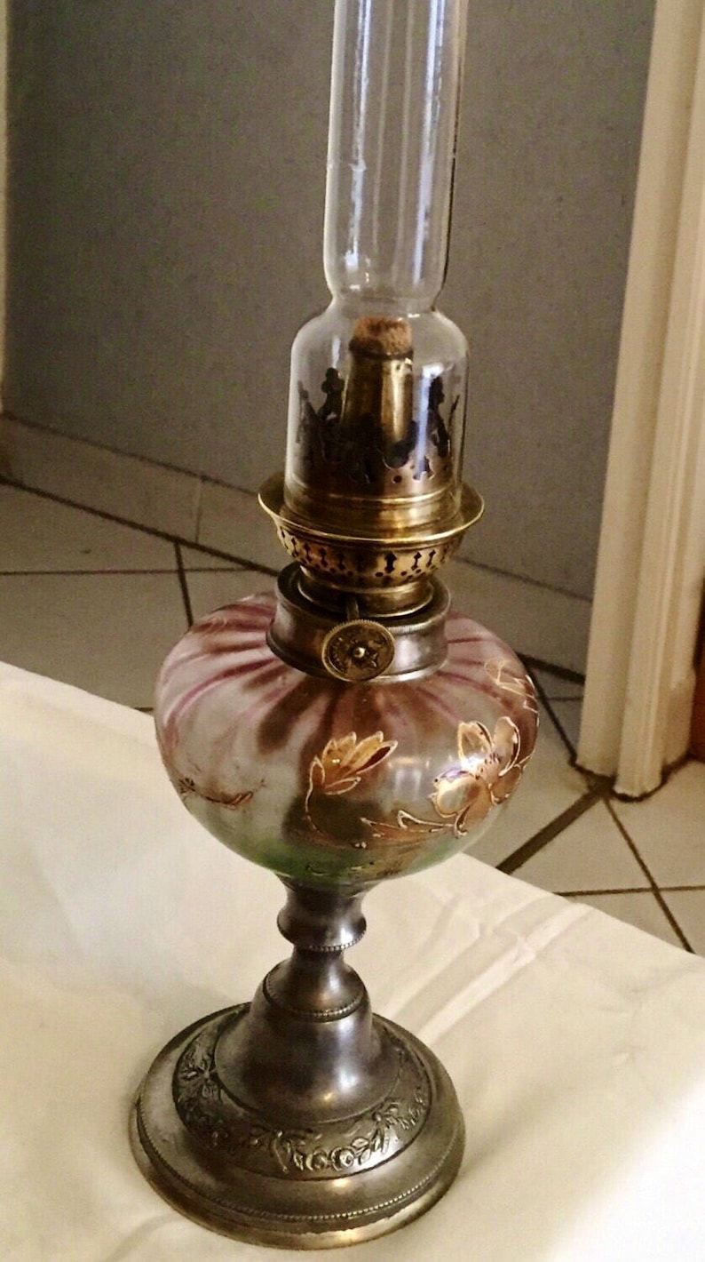 Ancien français Lampe à pétrole en verre émaillée ancienne Etsy
