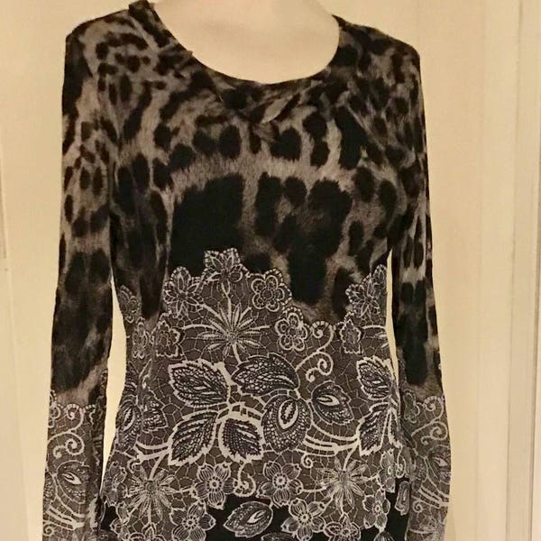 Haut, top, tee-shirts femme, en résille synthétique, motifs dentelle et imprimé léopard sur fond noir, doublée et extensible, taille 42, L