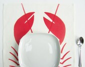 2 hand-painted napkin red lobsters on white linen made in france