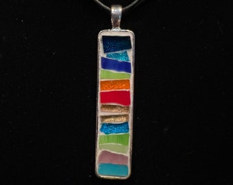 Stained Glass Mosaic in Vertical Rectangle Silver Pendant on 18-20" cord necklace