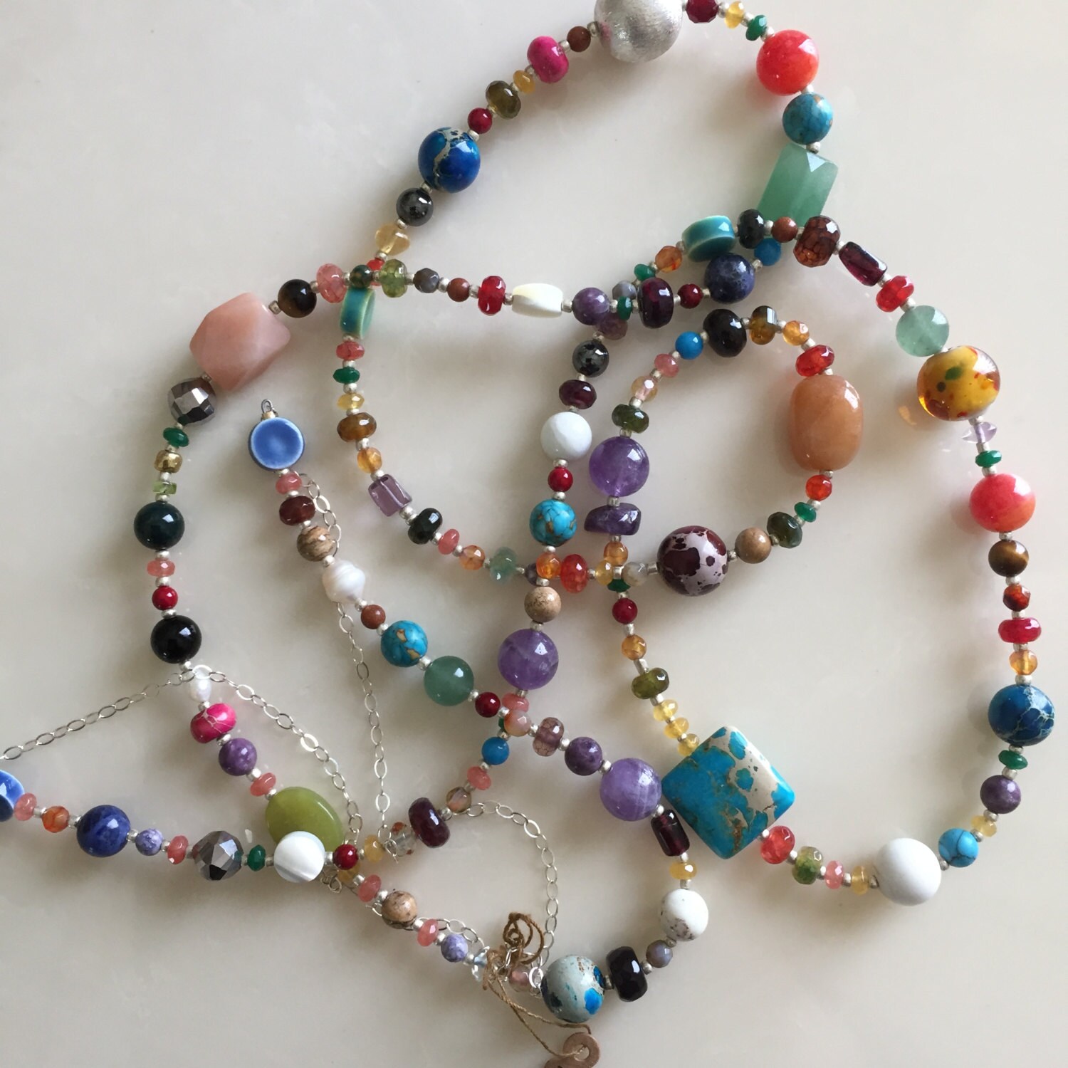 Very Long Artisan Bohemian Necklace Sterling Silver Chain Clay Beads