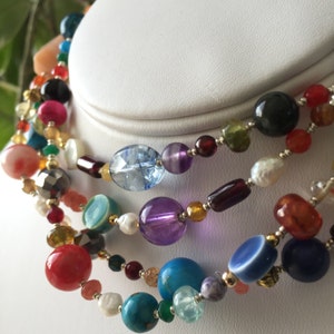 Very Long Artisan Bohemian Necklace 14K Gold Filled Chain Clay Beads Lampwork Beads Pearls Semi Precious Gemstones Beautiful and Elegant