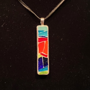 Stained Glass Mosaic in Vertical Rectangle Silver Pendant on 18-20" cord necklace