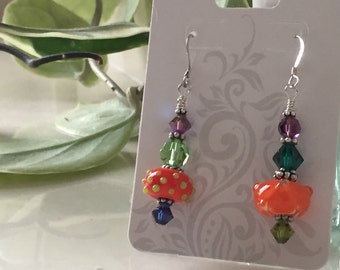 Asymmetrical Sterling Silver Bohemian Dangle Drop Earrings Artisan Lampwork Beads Handmade Swarovski Crystals Balanced and Elegant