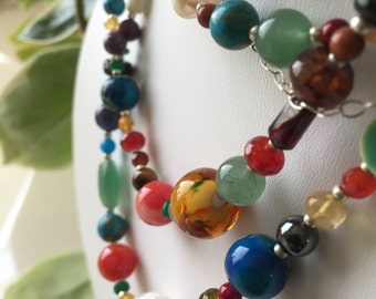 Very Long Artisan Bohemian Necklace Sterling Silver Chain Clay Beads Lampwork Beads Pearls Semi Precious Gemstones Beautiful and Elegant