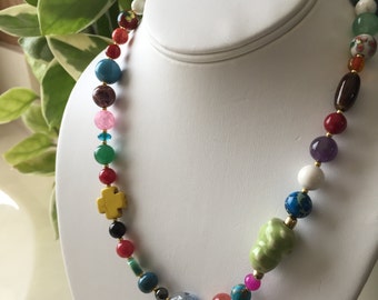 Artisan Bohemian Necklace Adjustable Length Clay Beads Lampwork Beads Pearls Semi Precious Gemstones Beautiful and Elegant