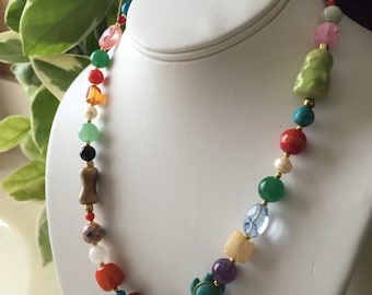 Artisan Bohemian Necklace Adjustable Length Clay Beads Lampwork Beads Pearls Semi Precious Gemstones Beautiful and Elegant