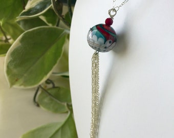 Artisan Necklace Sterling Silver Tassel Chain & Links Artisan Boro Lampwork Focal Bead Beautiful and Elegant